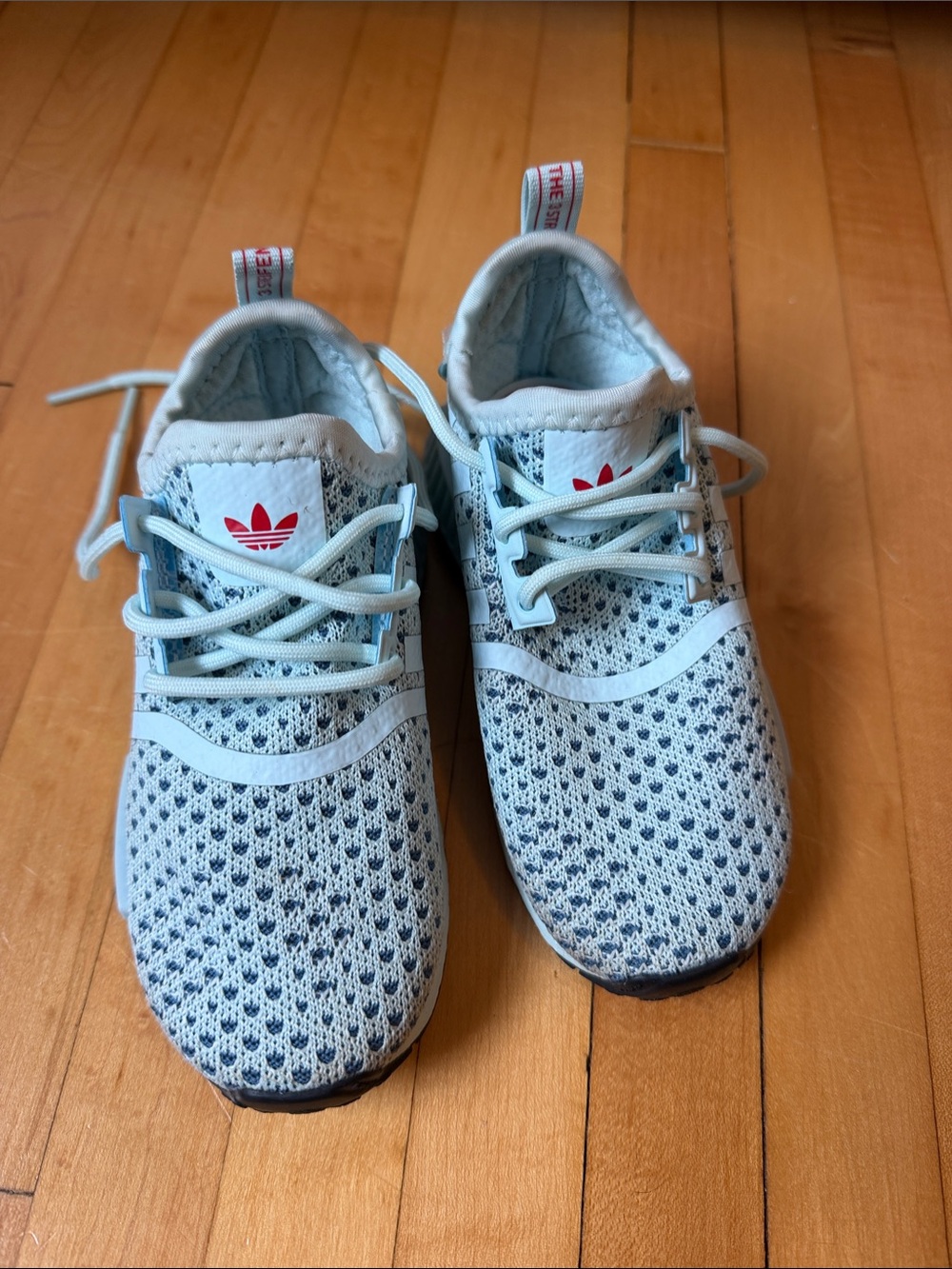 adidas Kids Light Blue Knit Sneakers with Red Logo